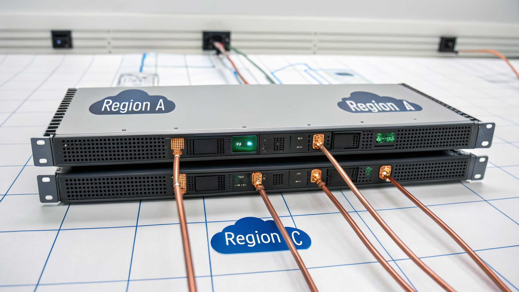 Scalable cloud infrastructure topology showing high-availability multi-region cluster and automated failover nodes