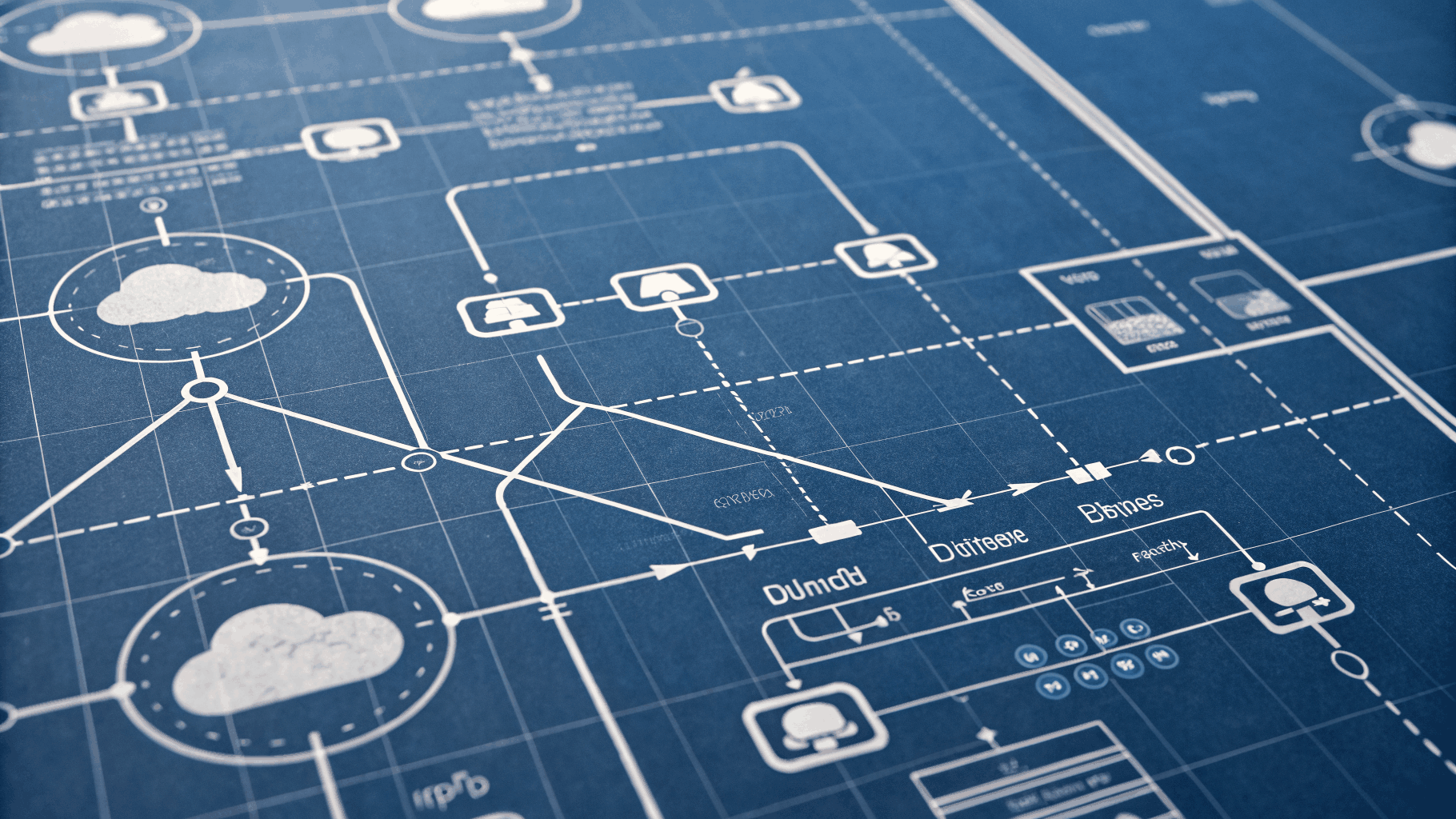 Technical architecture diagram showing enterprise service bus, microservices decomposition, and cloud data replication